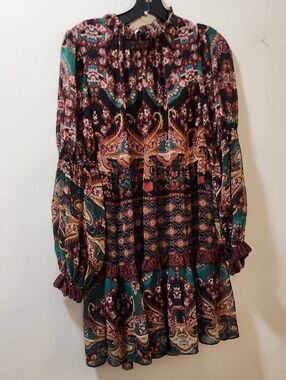 Alice + Olivia Black, Teal & Gold Paisley Long-Sleeve Mini Dress